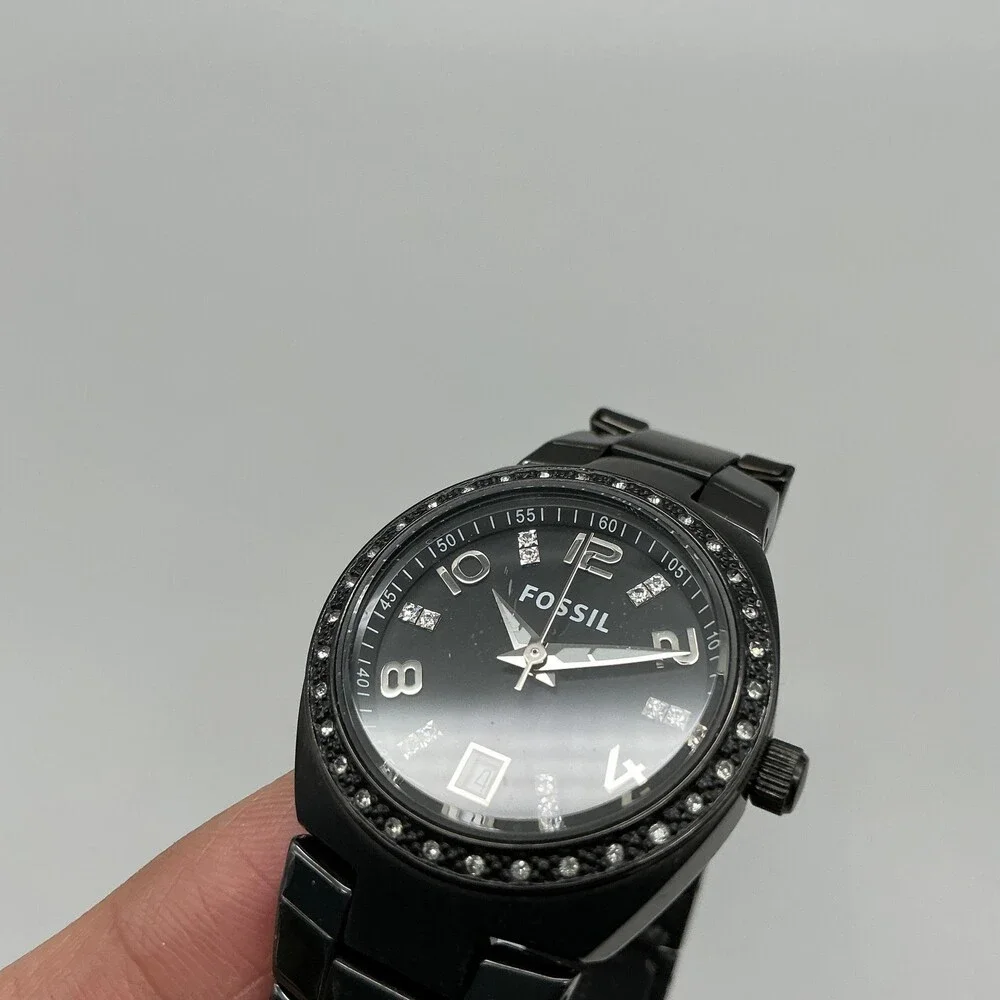Fossil Womens Watch 28mm Black Dial Stainless Crystals Date New Battery 6.75